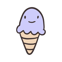 Vector cute doodle illustration of ice cream cone with smile isolated on white.