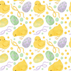 cute easter  pastel seamless pattern with cartoon yellow baby chiken, eggs, bows, dots