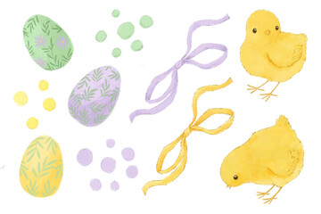 cute easter chikens, eggs, bows set of isolated elements