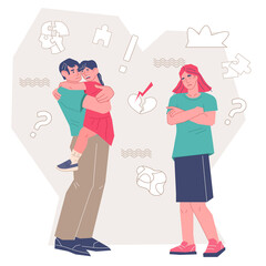 Divorce scene with sad little girl upset that father left family, parents get divorced, family with child breaks up, flat vector illustration isolated on white background.