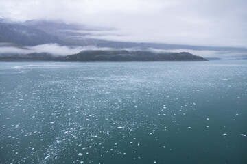 Ice chunks in the water and mountain background at Glacier Bay, Alaska, USA		