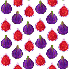 Purple and red fig watercolor seamless pattern. Whole and half fig hand drawn repeated illustration. Geometric pattern