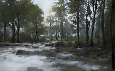 Fototapeta na wymiar a watercolor painting of a creek running through the forest
