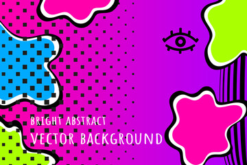 Bright abstract vector background in neon colors. Splashes, geometric dots, gradient, lines in the trendy animation style of the 90s. Design for websites, banners, wallpapers, etc.