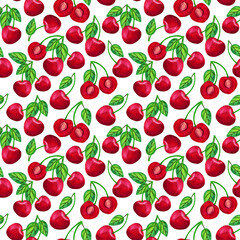 Sour cherry watercolor seamless pattern. Big painted red berry isolated on white background. Summer garden harvesting illustration for textile, fabric, print design, calendar, wrapping paper