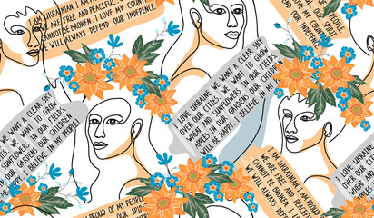Seamless pattern with women's faces in one line,hand lettered text and flowers in yellow and blue.Typographic style background and texture for printing on fabric and paper.Vector isolated illustration