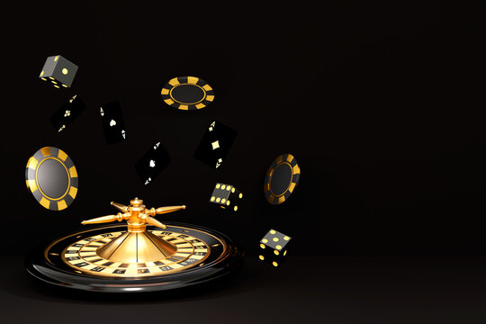 Casino online. 3d render roulette wheel, aces play cards, chips and playing dices on black background. Gambling concept design. 3d rendering illustration.	
