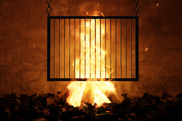 3d rendering of hanging cooking grid over black chalkcoals and behind bonfire