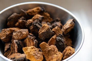Powdered chaga mushroom powder. Medicinal chaga mushroom for brewing tea.