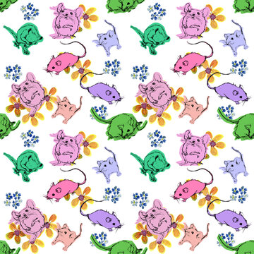 Pattern con topolini colorati e fiori su sfondo bianco