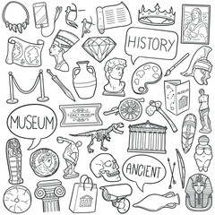 History Museum Doodle Icons. Hand Made Line Art. Art Gallery Clipart Logotype Symbol Design.