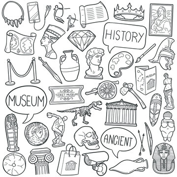 History Museum Doodle Icons. Hand Made Line Art. Art Gallery Clipart Logotype Symbol Design.