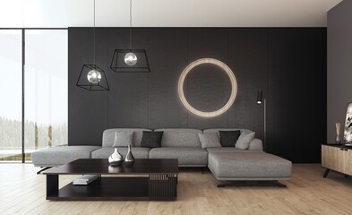 Fototapeta Wnętrze pokoju dziennego z szarą sofą przed czarną ścianą i okrągłą lampą ozdobną. obraz