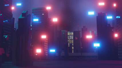 3d render of Cyber punk night city landscape concept. Light glowing on dark scene.  Night life. Technology network for 5g. Beyond generation and futuristic of Sci-Fi Capital city and building scene.