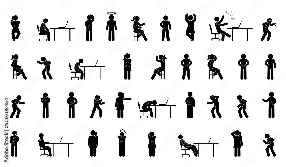 Wall mural pictogram set, people in different poses and gestures, women and men, isolated icons, stick figure h