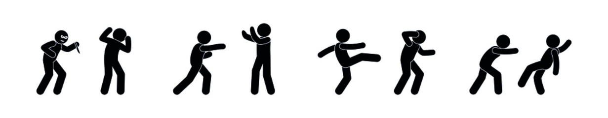 Fototapeta na wymiar illustration attack on people, aggressive evil bandit hit man, stick figure man icon, vector isolated pictogram