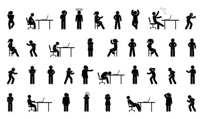 pictogram set, people in different poses and gestures, women and men, isolated icons, stick figure human silhouettes