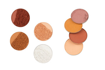 Eyeshadow crushed palette, colorful eye shadow powder isolated on a white background.