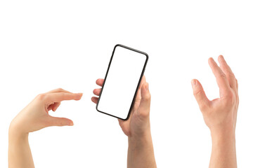 Smart phone in man hand isolated on white background.  White screen.