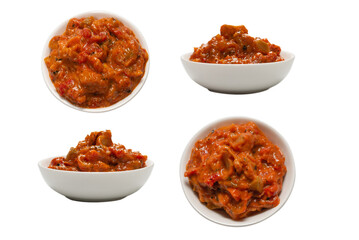 Vegetable stew in a bowl isolated on white background.