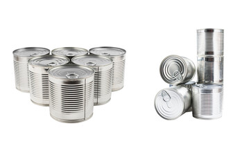 Group of silver canned food on white background.