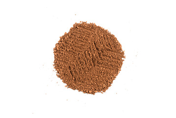 Makeup cosmetics. Eyeshadow in brown color crushed palette, colorful eye shadow powder on white background