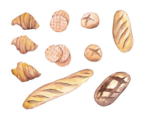 watercolor bakery, bread, croissants, waffles, buns set of isolated elements
