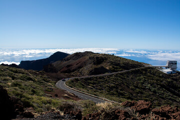 International space observatory and telescopes on La Palma island located on highest mountain range Roque de los muchachos, sunny day, Canary islands, Spain