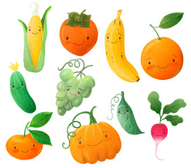 cute kawaii fruit and vegetables set of isolated elements
