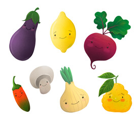 cute kawaii fruit and vegetables set of isolated elements