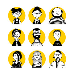 Collection 02 of comic peoples faces and characters in doodle style for monochrome avatars and black-white pictograms and set social media icons and portraits for articles or blog