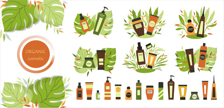 Organic cosmetic. Set of a skin-care product. Eco friendly. Vector illustration.