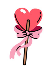 Heart shaped red caramel lollipop. Gift pink bow. Tasty sweetness. Stylized flat style. Vector illustration on isolated background for mobile apps or websites and banner design