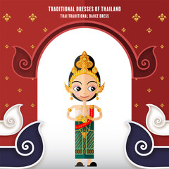 Cute cartoon characters girl in traditional dresses of thailand or thai traditional dance costume  in flat design color style on paper background