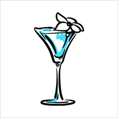 vector illustration of hand drawn cocktail Margarita with tropical flower