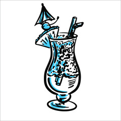 Vector hand drawn cocktail Blue Lagune in glass with umbrella