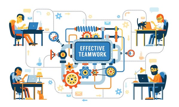 Teamwork remotely. People with laptops are working on a joint project. Vector illustration.