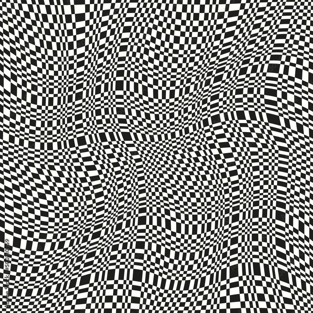 Poster Black and white checkered wavy pattern of rectangles. Vector.