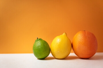 Line of citrus fruit on orange background