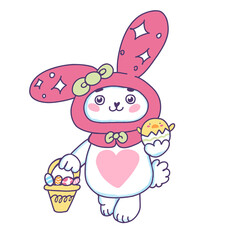 easter bunny holding easter eggs and chick bunny in bunny hat kawaii