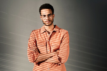 Obraz premium Portrait of serious young black man in coral denim shirt and eyeglasses standing with crossed arms, light through blinds effect