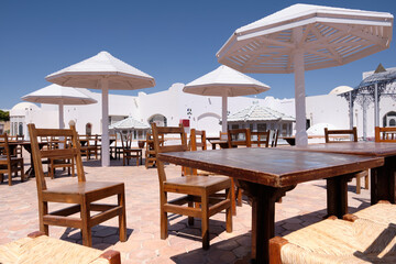 Tables and chairs for outdoor recreation on vacation in hot countries