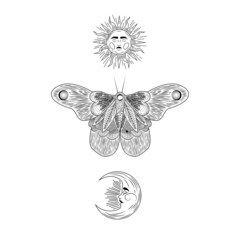 Occult illustration of flying moth. Hand drawn celestial element with moon phases. Flying butterfly alchemy logo design