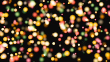 Festive round bokeh of lights on a black background. Pink, green, yellow confetti, defocused lights. Multicolored bokeh on a black background. Blurred focus.