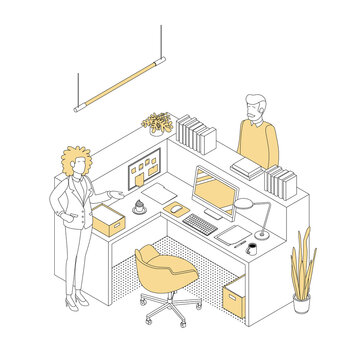 recommend clip art: Isometric office with working people. Vector illustration flat design isolated. Male and female characters. Office and casual clothes. Outline, linear style, line art. Desk, chair, computer, office sp