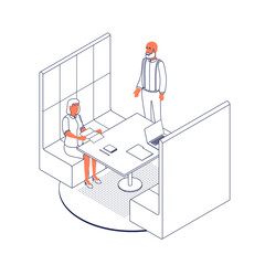 Obraz na płótnie Canvas Isometric office with working people. Vector illustration flat design isolated. Male and female characters. Office and casual clothes. Outline, linear style, line art. Workspace, coworking, meeting.