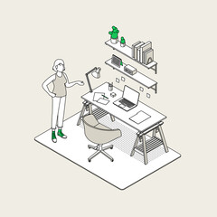 Isometric office with working people. Vector illustration flat design isolated. Male and female characters. Office and casual clothes. Outline, linear style, line art. Desk, chair, computer, office sp