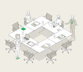 Isometric office with working people. Vector illustration flat design isolated. Male and female characters. Office and casual clothes. Outline, linear style, line art. Conference room, meeting, laptop
