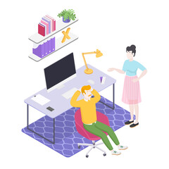 Isometric office with working people. Vector illustration flat design isolated. Male and female characters. Office and casual clothes. Desk, chair, computer, office space.