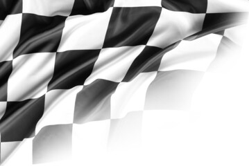 Checkered black and white racing flag on white background